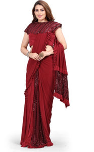 Pre Sticthed Ready to Wear Saree with Neck Style (Maroon Color)