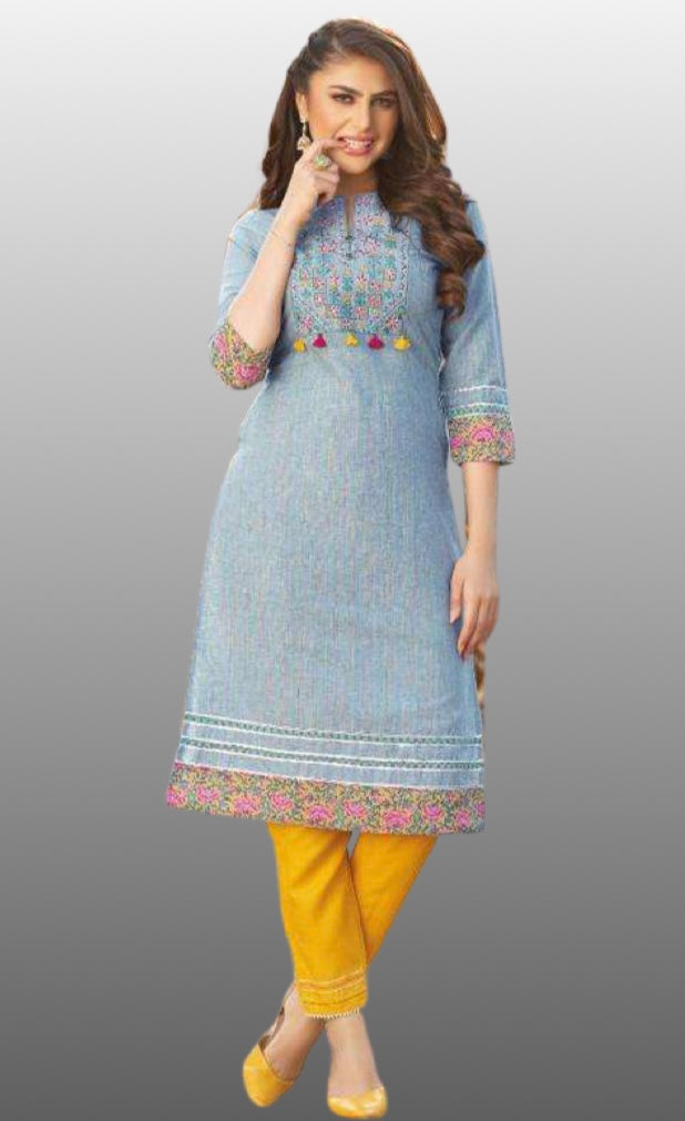 Casual Long Kurti (Ligh Blue Color) with Yellow Pant