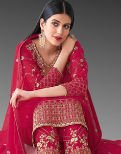 Long Length Suit with Pant in Heavy Embroidery (Magenta Color)