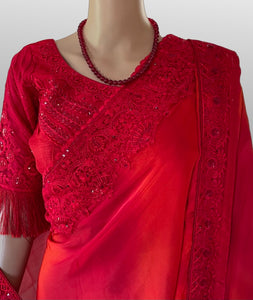 Red  Embroidered Saree with Prestiched Blouse