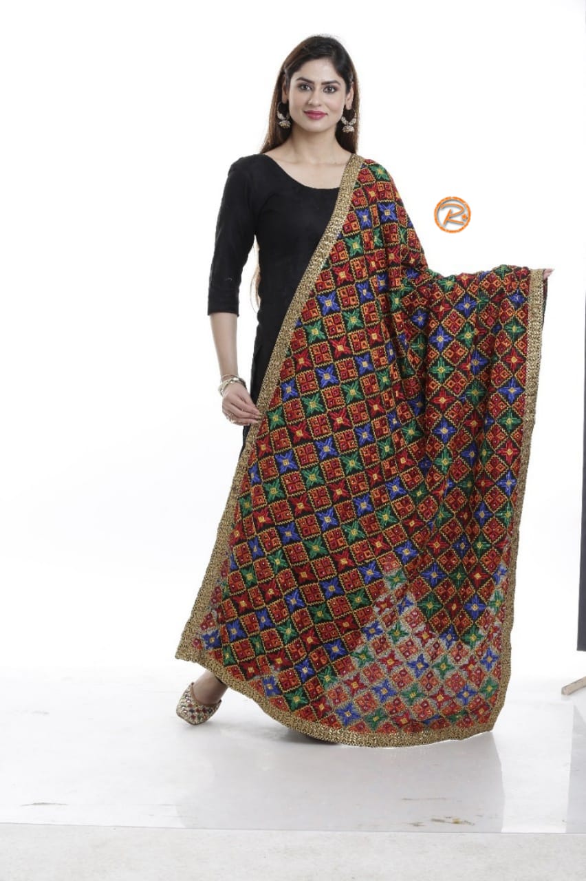 Star Phulakari dupatta (Multi Color with Black base)