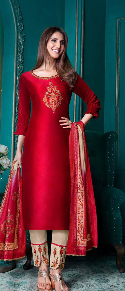 Elegant Red Color Designer Kurti With Pant and Dupatta For Casual and Ethnic Wear