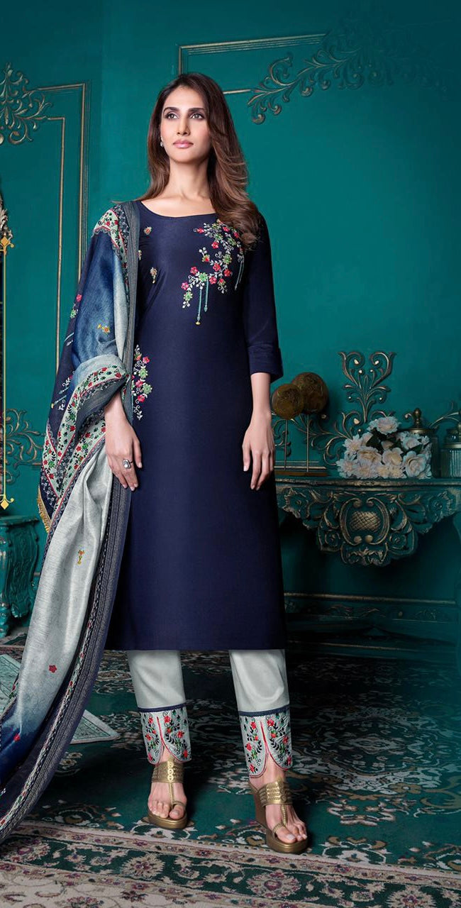 Elegant Navy Blue Color Designer Kurti With Pant and Dupatta For Casual and Ethnic Wear