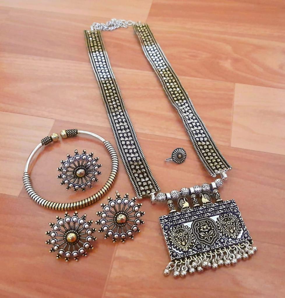 Oxidized Necklace with Earrings, Ring,Nose pin and Bracelet