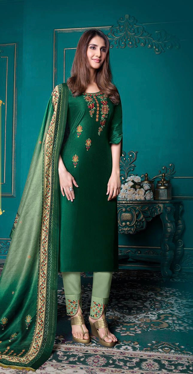 Elegant Dark Green Designer Kurti With Pant and Dupatta For Casual and Ethnic Wear