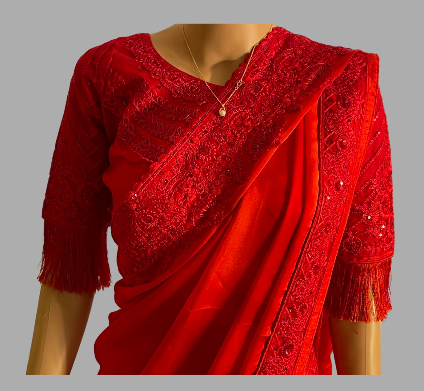 Red  Embroidered Saree with Prestiched Blouse