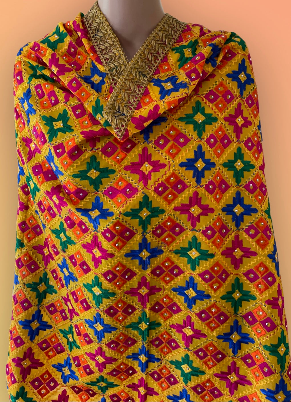 Star Phulakari dupatta (Multi Color with Yellow base)