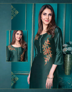 Elegant Dark Green Color Designer Kurti With Pant and Dupatta For Casual and Ethnic Wear