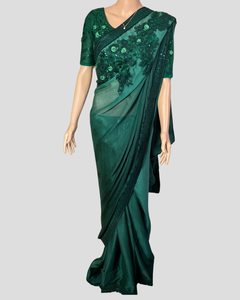 Green Embroidered Saree with Prestiched Blouse