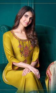 Elegant Honey Color Designer Kurti With Pant and DupattaFor Casual and Ethnic Wear