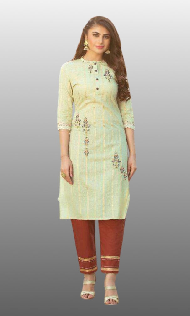 Casual Long Kurti (Tea Green Color) with Brick Red Pant