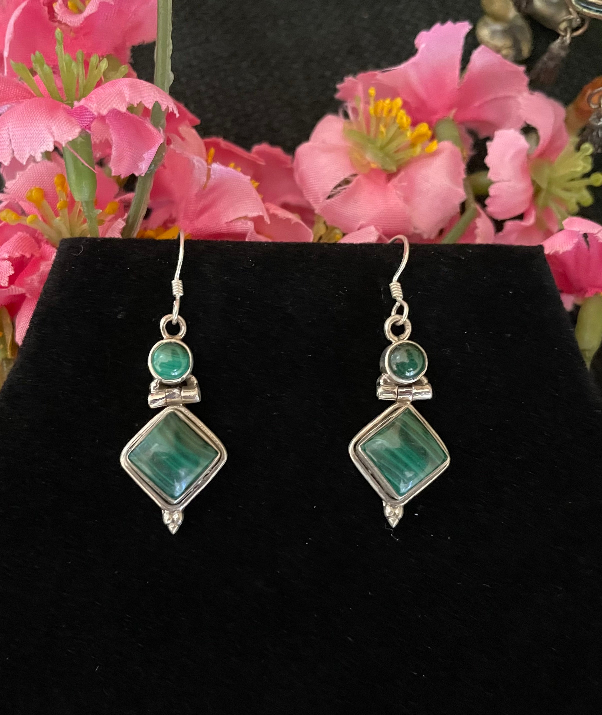 Green Color Pure Silver Dangle Earrings