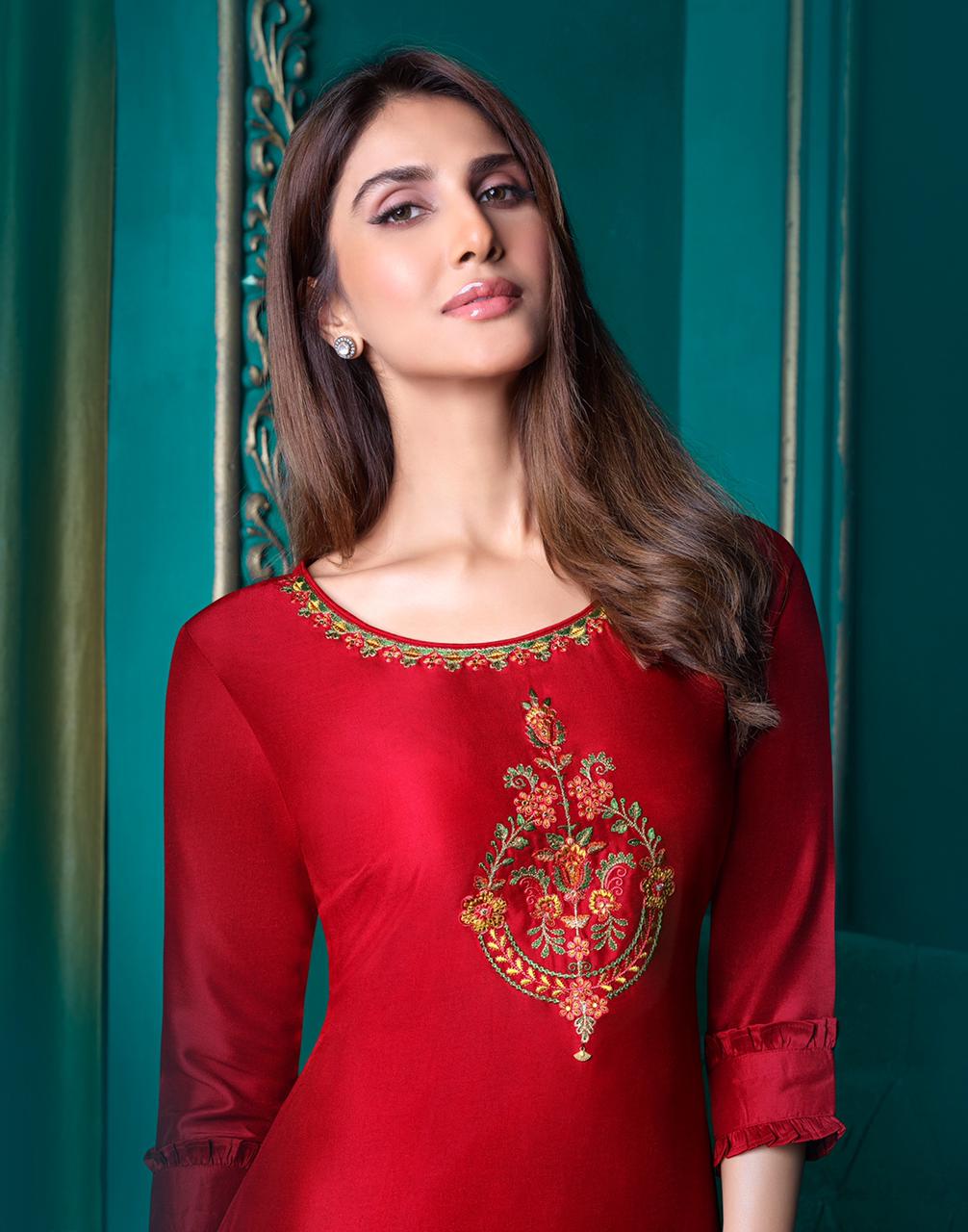 Elegant Red Color Designer Kurti With Pant and Dupatta For Casual and Ethnic Wear