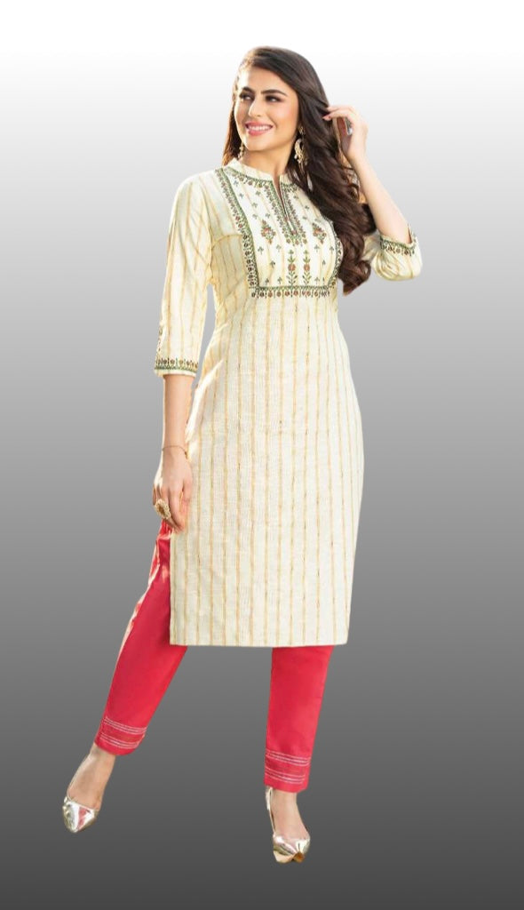 Casual Long Kurti (Cream color) with Red Pant