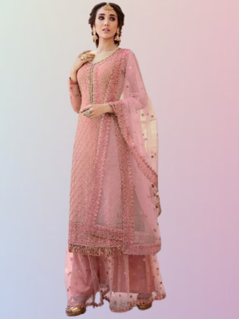 Embroidered Sharara Kurta with Net Dupatta (Pink)