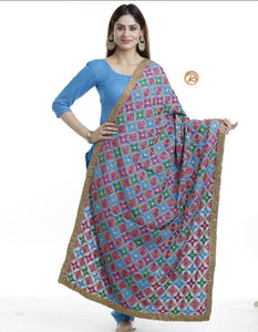 Star Phulakari dupatta (Multi Color with Sky Blue base)