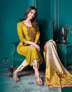 Elegant Honey Color Designer Kurti With Pant and DupattaFor Casual and Ethnic Wear