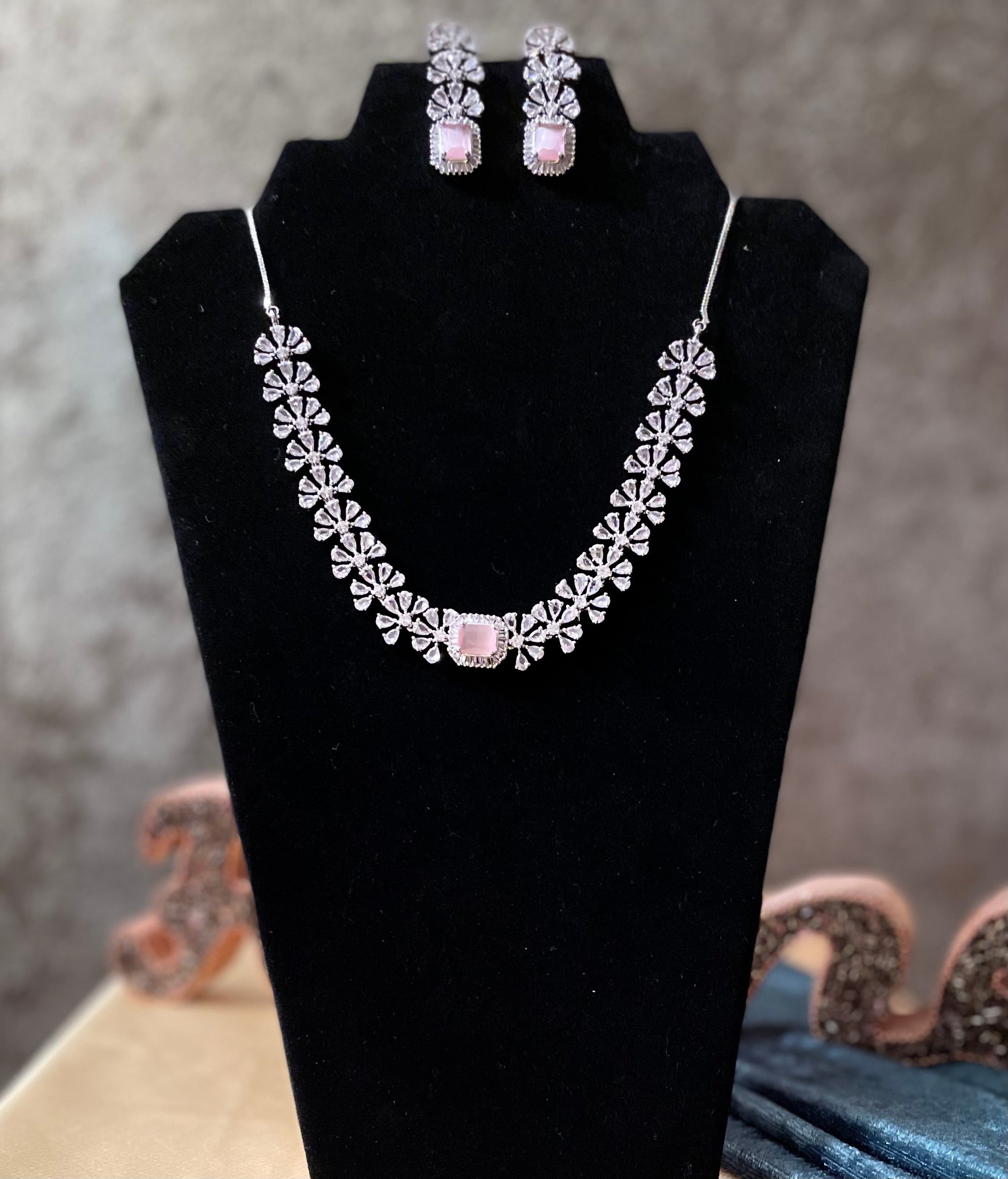 AD Silver shaded Necklace with Pastel Pink Earrings