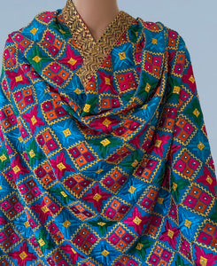 Star Phulakari dupatta (Multi Color with Sky Blue base)