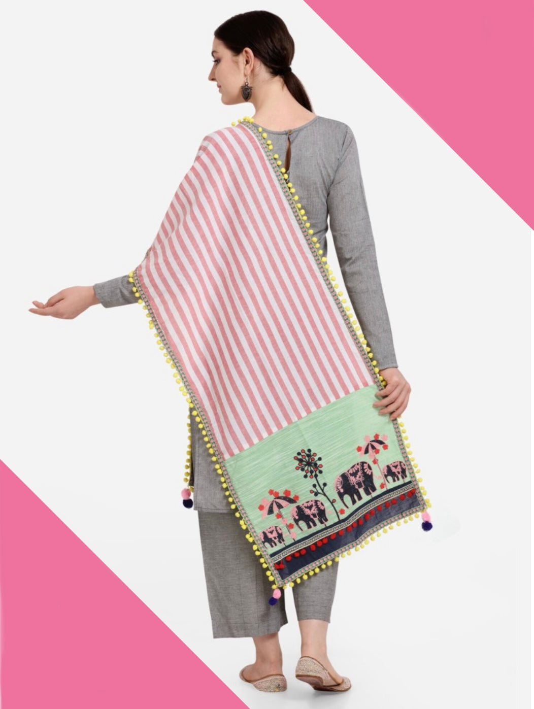 Elephant Motif Striped Khadi Dupatta/Shawl