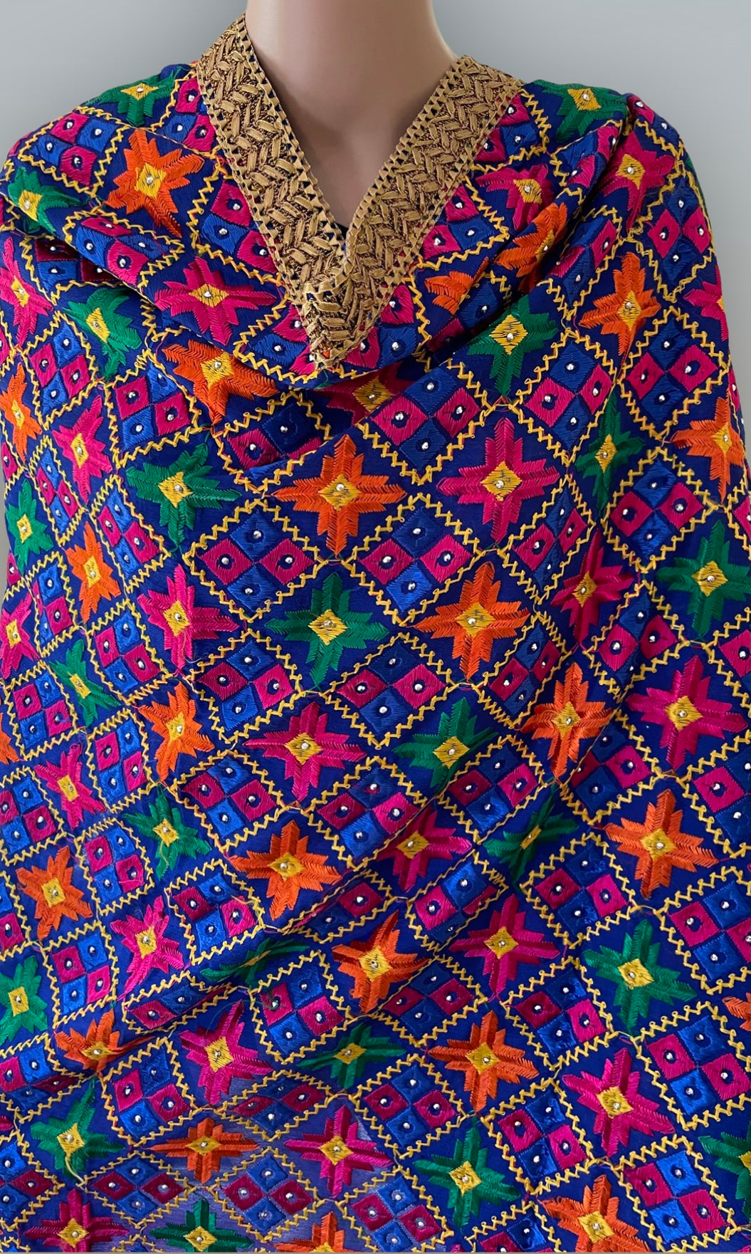 Star Phulakari dupatta (Multi Color with Blue base)