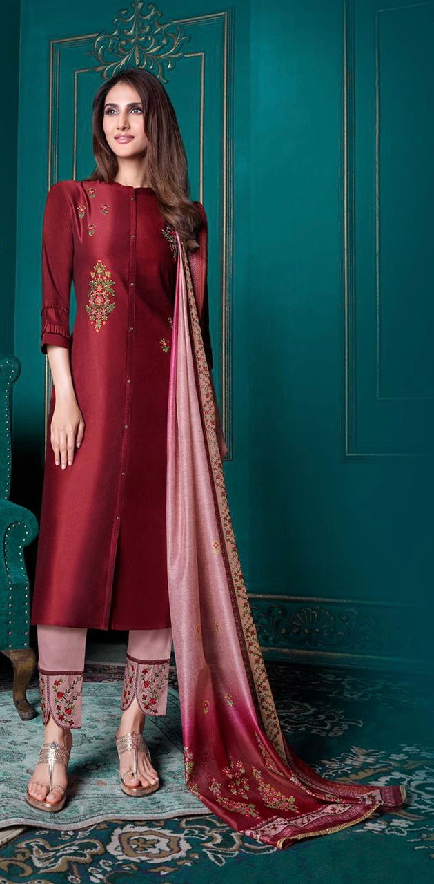 Elegant Mahroon Color Designer Kurti With Pant and Dupatta For Casual and Ethnic Wear