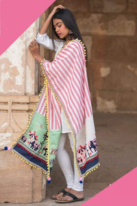 Elephant Motif Striped Khadi Dupatta/Shawl