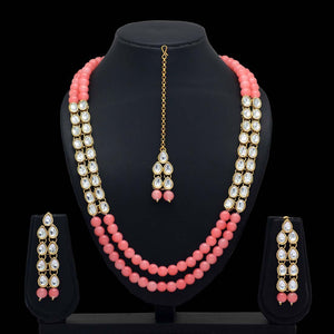 Peach Kundan Set With Maang Tikka and Earrings