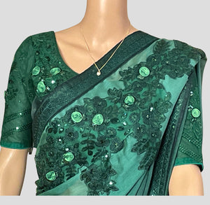 Green Embroidered Saree with Prestiched Blouse