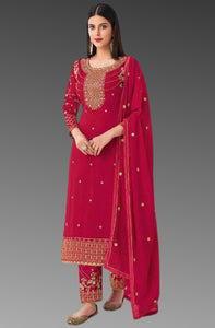 Long Length Suit with Pant in Heavy Embroidery (Magenta Color)