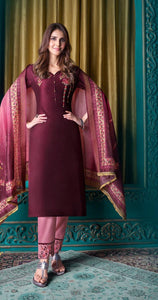 Elegant Burgundy Color Designer Kurti With Pant and Dupatta for Casual and Ethnic Wear