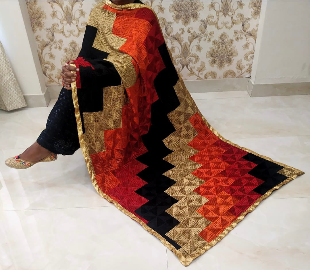 Premium Phulakari Dupatta (Multi Color with Wave Pattern)