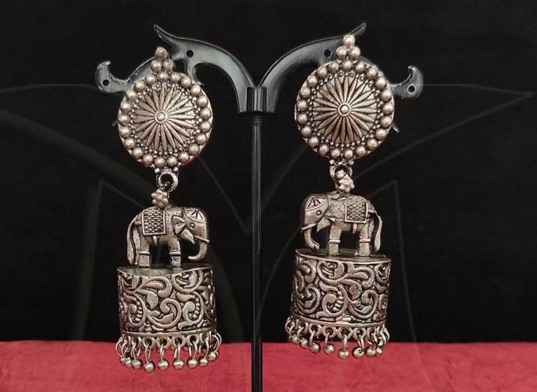 Oxidized Elephant Motif Zhumki Earrings