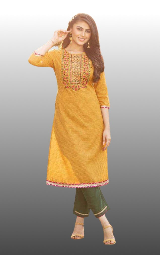 Casual Long Kurti (Mustard Color) with Green Pant