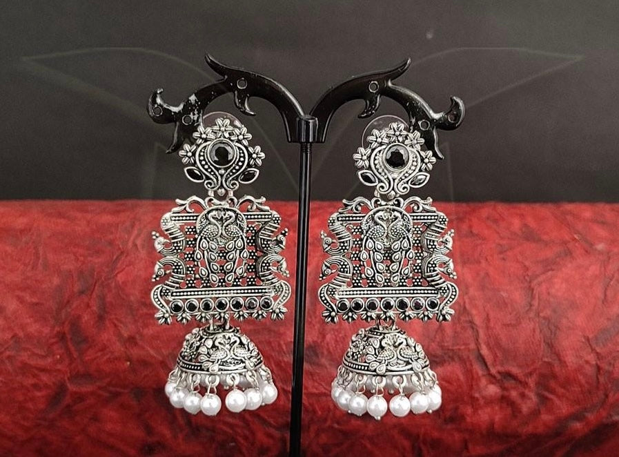 Oxidized Peacock Design Zhumki Earrings